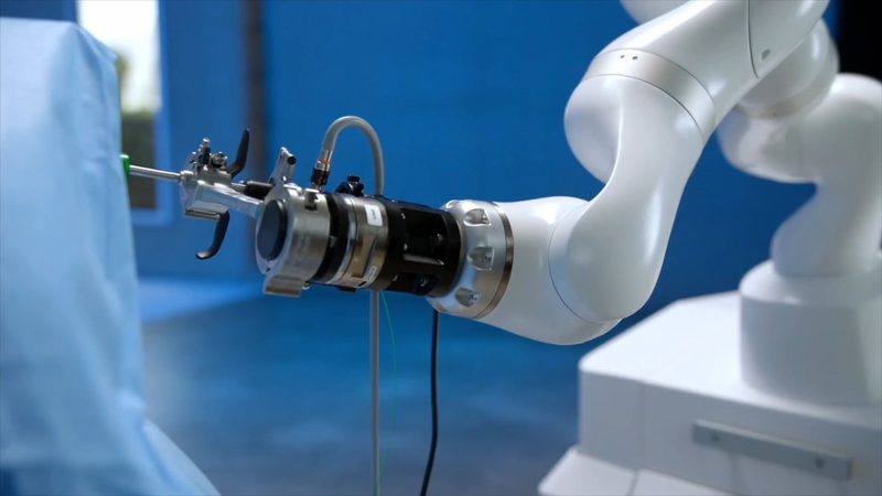 The endoscope mounted on the end of the Andromeda robot arm