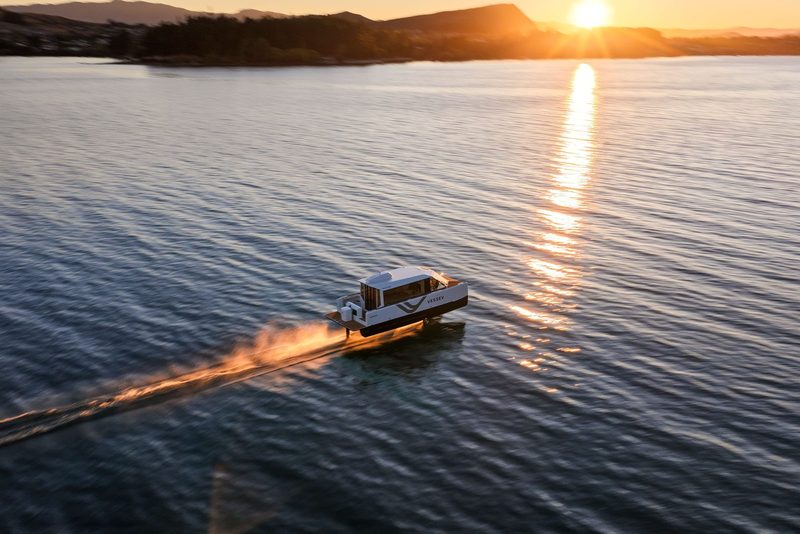 The Vessev VS-9 Kermadec up on its foils at sunset